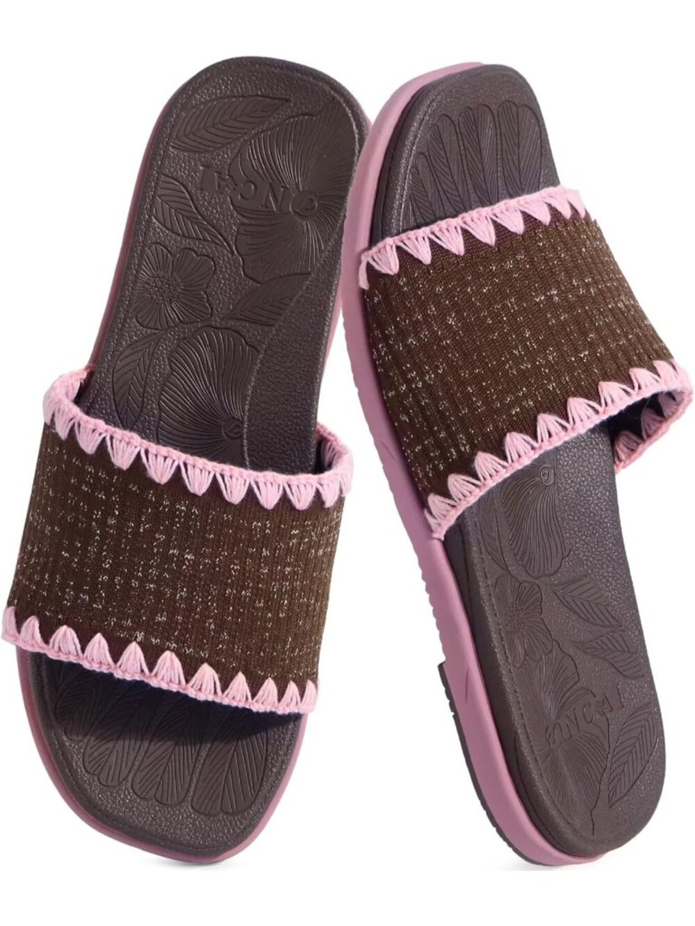Women’s Brown Pink Flat Slides Sandals Soft Knitted with Golden Thread Walking